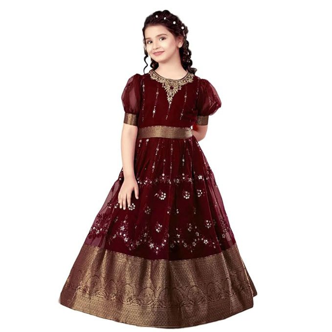 Girls Embroidered Pattu Sattai Gown Dress Festive Party Maxi Dress