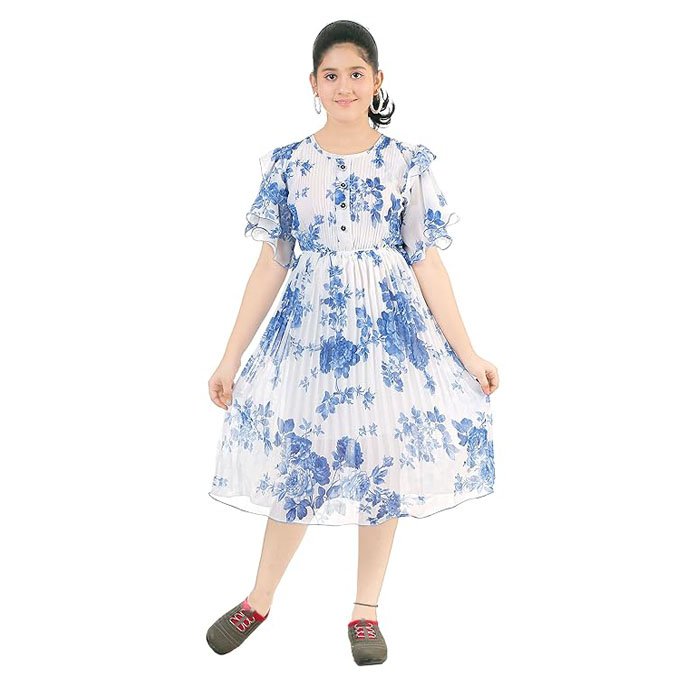 Girls Chiffon Traditional Solid Printed Midi Long Dress