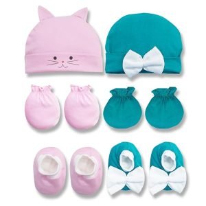 New Born Baby Boys Girls Infant Accessories Cotton Printed Cap Mitten Booties Set Combo Pack of 2 (Multicolor; 0 to 3 Months)