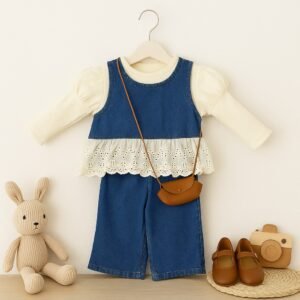 Denim Layered Set with Puff Sleeves & Lace Detailing – Girls Outfit