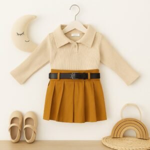 Chic Pleated Skirt Set with Ribbed Collar Top & Belt – Girls Outfit