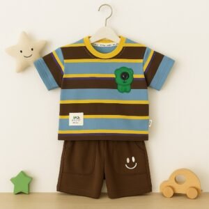 Colorful Striped T-Shirt & Brown Shorts Set with Smiley – Boys Summer Wear
