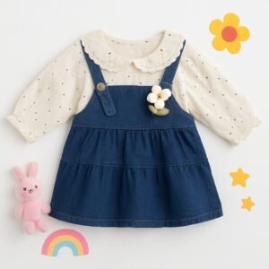 Girls’ Denim Dungaree Dress Set with Polka Dot Blouse – Adorable Layered Look