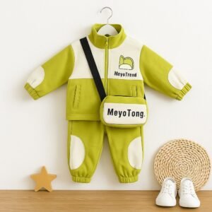 Unisex Green & White Winter Tracksuit Set with Crossbody Bag – Stylish 3-Piece Ensemble