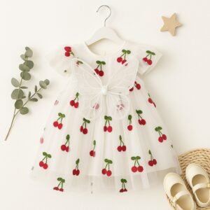 Charming Cherry Embroidered Baby Dress with Butterfly Accent