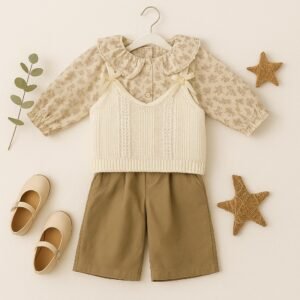 Floral Blouse, Knitted Vest & Shorts Set