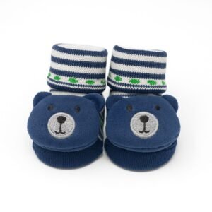 Navy Blue Bear Baby Booties with Striped Cuffs (0 - 6 Months)